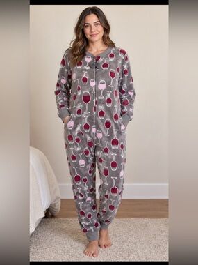 PJ Couture Wine Glass Fleece Adult Onesie Pajamas Large
